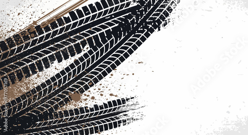 Tire Tracks Grunge Background - Mud Splatter and Dirty Tire Imprints on White