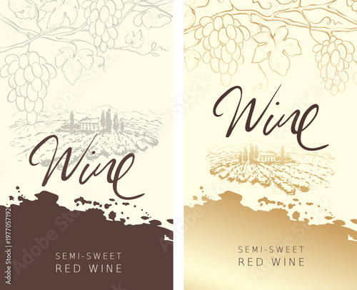 Collection labels for wine. Vector illustration, set of backgrounds with gold patterns and gold strokes. Freehand author's drawing.