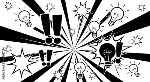 Idea explosion with light bulbs and exclamation marks in comic style