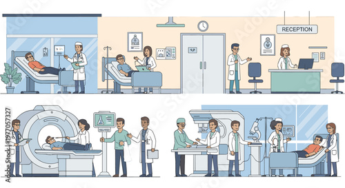 Medical team in hospital radiology department with patients in various diagnostic procedures in blue and white colors for healthcare advertising