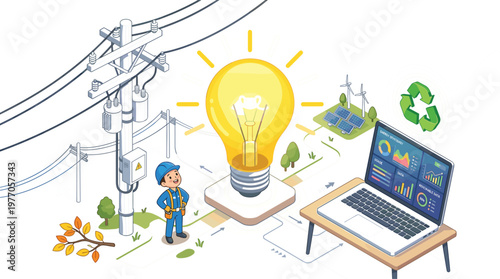 Energy management concept with electricity infrastructure renewable power analytics and innovation represented by light bulb grid and digital monitoring system illustration.eps