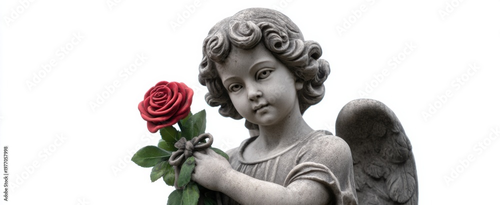Fototapeta premium Angel statue holding a rose and bow symbolizes love and passion.