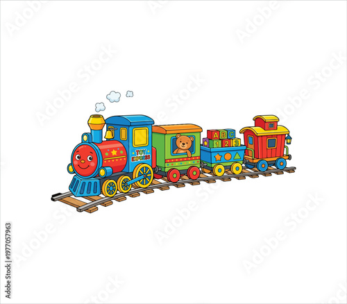 Colorful cartoon train with teddy bear on tracks for kids toy train play