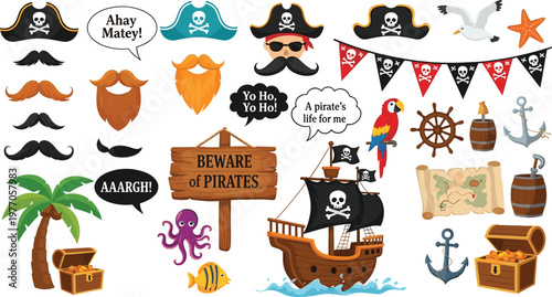Pirate adventure vector element set featuring sailing ship, treasure chest, skull hats, mustaches, octopus, parrot, anchor, wooden sign, and sea map for birthday party photo booth props.