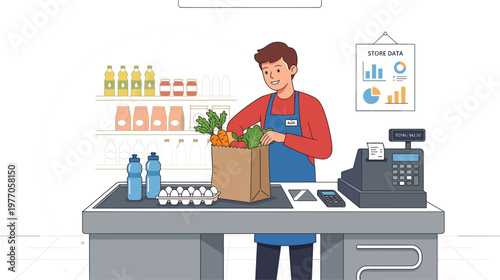 Grocery store cashier packing fresh food items at checkout counter representing retail service shopping experience and supermarket operations illustration.eps