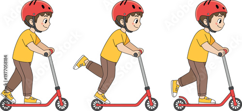kid riding scooter vector, child with helmet illustration, playful boy skating sequence, urban transport activity, safety gear concept, cartoon character set