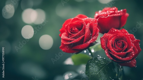 Roses are seen with water droplets on petals as rain falls in a garden. The soft light enhances the beauty of the flowers. Nature shows vibrant colors in the garden.