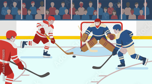 Ice hockey game in progress with players, goalie, puck, and spectators