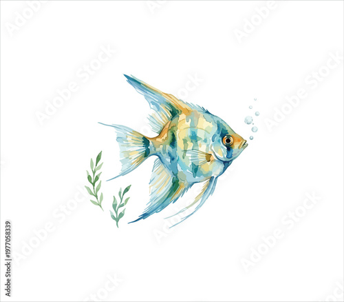 Colorful fish swimming with green leaves in water  aquatic scene