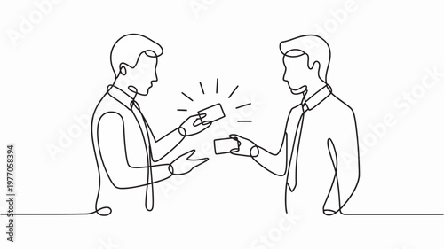 Two businessmen exchanging a credit card in a simple line drawing.