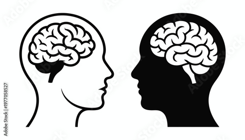 Head With Brain Symbol Icon, Side View Outline And Silhouette, Brain Or Mind Illustration, Medical App And Web UI, Cognitive Function Icons, Mental Health Concept