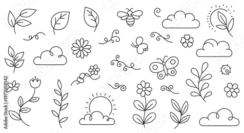 A collection of springtime doodles and illustrations isolated on white background, Vector, illustration