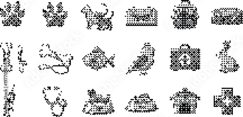 Pet Care Icons Pixelated Bitmap Halftone Dotted Dither Vector Illustration