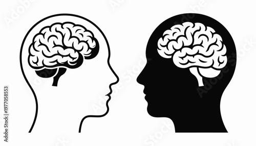 Head With Brain Symbol Icon, Outline And Silhouette Style, Brain Or Mind Side View, Medical Apps And Websites, Cognitive Health Illustration, Mental Health Graphics