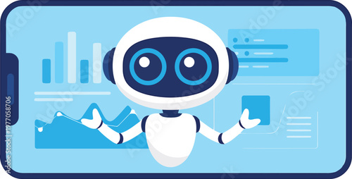 スマートフォン画面にデータ分析結果を表示するフレンドリーなロボット