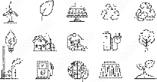 Eco Icons Pixelated Bitmap Halftone Dotted Dither Vector Graphic Set Isolated