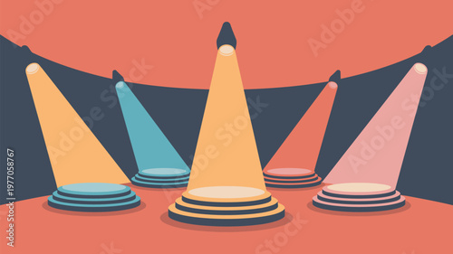 A vibrant illustration of colorful spotlights shining down on stages in a darkened room with a red floor and ceiling.