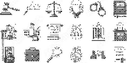 Law Justice Icons Pixelated Bitmap Halftone Dotted Dither Vector Set