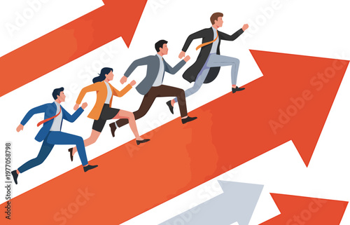 Business people racing forward on red arrows symbolizing growth