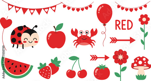 Red color vector element set featuring cute ladybug, crab, apple, watermelon, strawberry, cherry, tomato, mushroom, flower, balloon, and bunting flags for educational learning and children designs.
