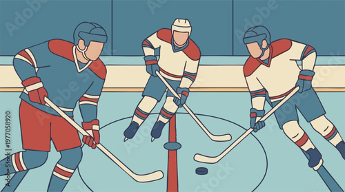 Three Ice Hockey Players Skating on Rink - Flat Design Illustration
