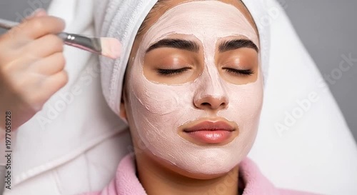 A relaxed woman with closed eyes receives a facial mask application with a brush