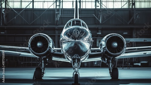 Private jet airplane with a shiny chrome fuselage and turbine engines parked inside a large hangar, symbolizing luxury travel, executive transport, and aviation industry