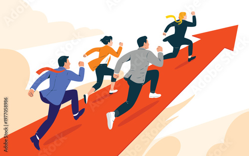 赤い上向きの矢印に沿って前進するビジネスマンたち