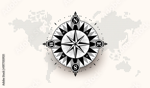 Nautical compass windrose for travel, tourism, and exploration concept. Vector illustration with classic maritime style and balanced geometric design. Compass against the background of a world map.