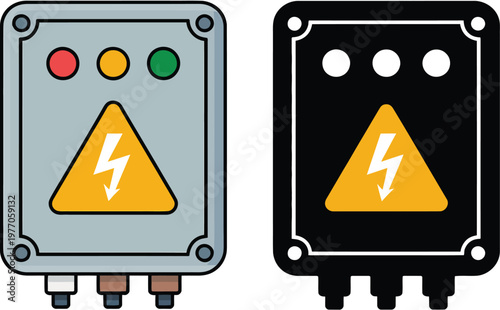 Electrical panel box icon, modern flat design of power distribution cabinet with circuit breaker system for electricity control and industrial use.