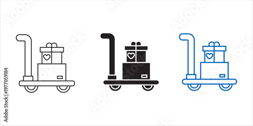 Trolley with gift boxes and packages icon set. Minimalist outline, solid, tone delivery service symbols.