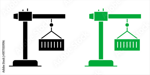 Tower crane lifting shipping container icon in solid and flat style, industrial construction and logistics concept.