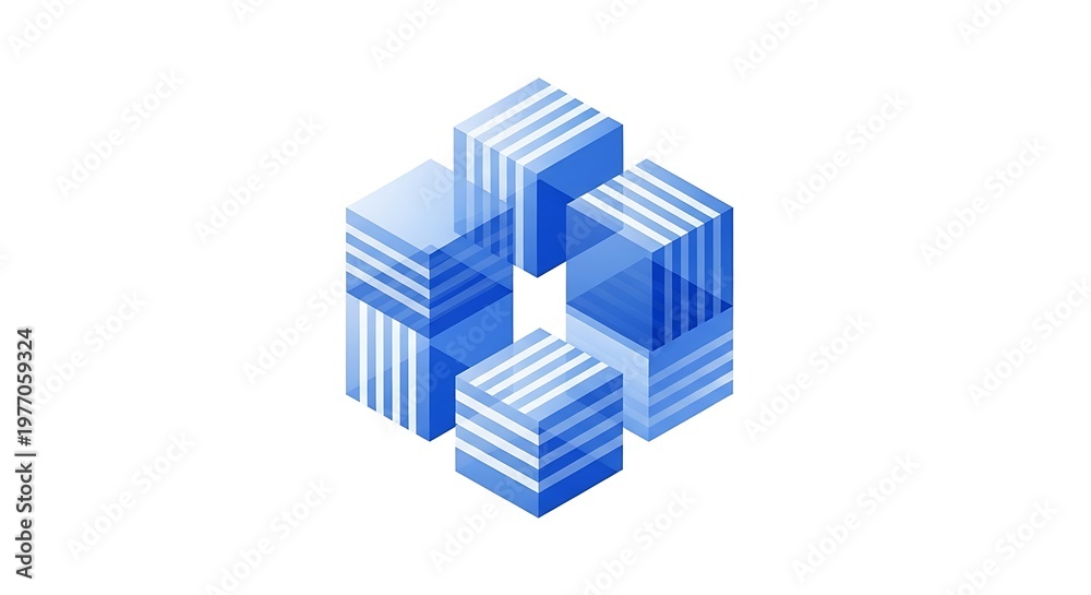 Fototapeta premium Four blue isometric cubes arranged in a circular pattern with horizontal and vertical stripe textures