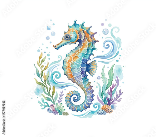 Colorful seahorse with seaweed and bubbles on white background
