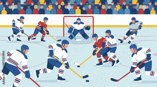 Ice hockey game in action with players, goalie, and spectators in arena