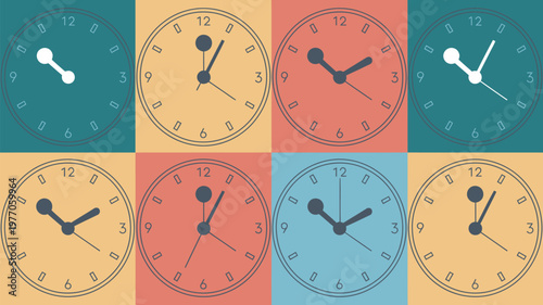 A colorful illustration of multiple clocks showing different times on various backgrounds