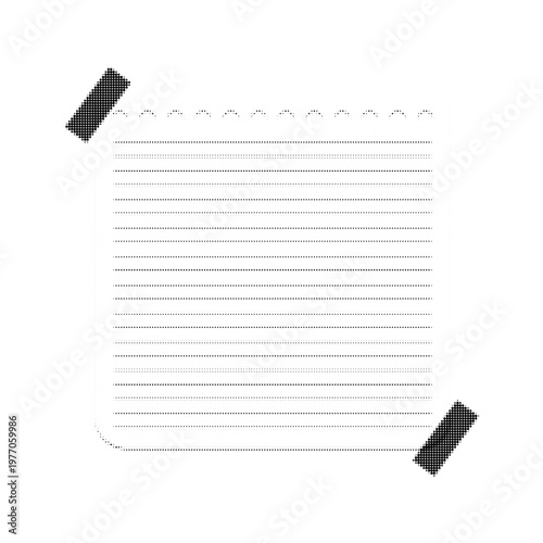Halftone illustration of a torn notebook sheet with horizontal lines, taped at two corners. Minimal monochrome design in retro print style, isolated on white background.