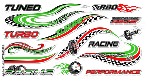 Racing Decals Sticker Pack: Turbo, Performance, Tuned, Checkered Flags, Flames, Tires
