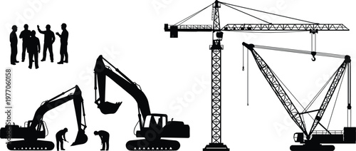 Construction machinery and workers silhouettes set crane excavator heavy equipment industrial building site black shadow vector illustration collection