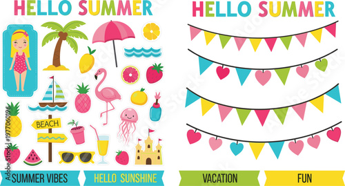 Summer vacation vector element set featuring a beach girl, flamingo, palm tree, sandcastle, tropical fruits, sunglasses, and colorful bunting flags for sunny seasonal holiday designs.