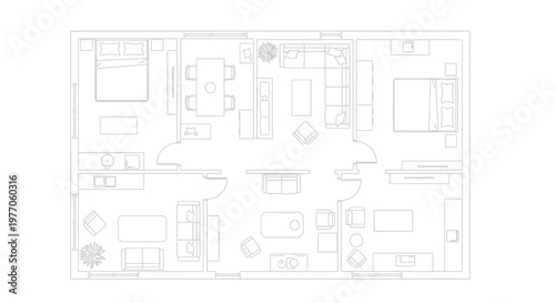 Modern Apartment Floor Plan Blueprint: Two Bedrooms, Living Room, Dining, Kitchen