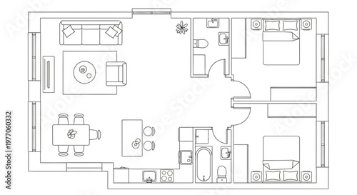 Modern Apartment Floor Plan Layout - Two Bedroom, Living Room, Dining Area, Kitchen