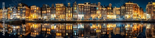 Panoramic view of canal at night in Amsterdam