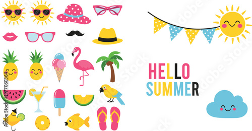 Summer vacation vector element set featuring smiling sun characters, pink flamingo, pineapple, tropical cocktails, ice cream, beach hats, sunglasses, festive colorful bunting seasonal party designs.