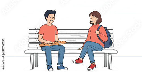 Two friends sitting on park bench talking and sharing food representing friendship casual conversation and social bonding lifestyle illustration.eps