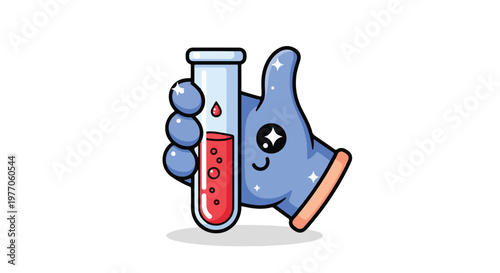 Cute cartoon laboratory test tubes and beaker with smiling faces and colorful liquids for science education