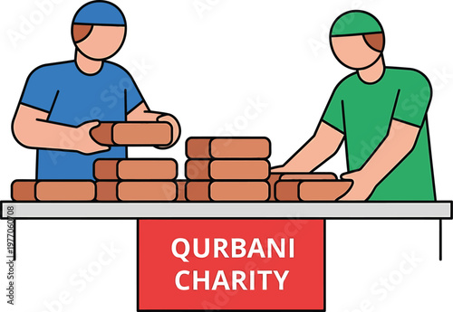 people stacking boxes on a table with a qurbani charity sign