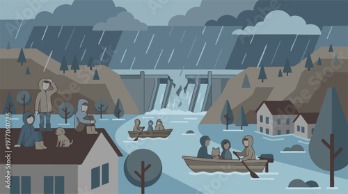 Flood disaster with broken dam, heavy rain, and people seeking refuge