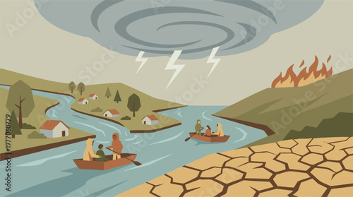 Climate Change Impacts: Flood, Wildfire, and Drought Illustration