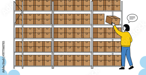 Warehouse worker organizing packages on storage shelves representing inventory management logistics distribution and supply chain operations illustration.eps